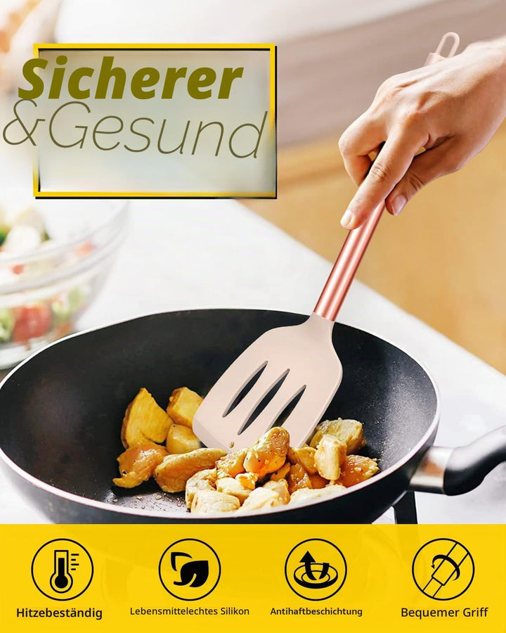 4 Stück Silikon-Kochutensilien-Set, antihaftbeschichtet, gross, solide Spatel, hitzebeständig, schwa