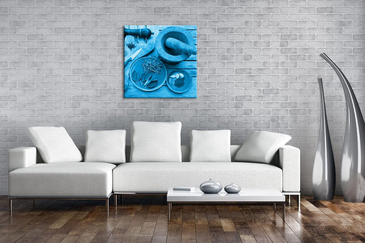 deyoli Gewürze mit einem Mörser Format: 60x60 Effekt: Monocrome Blau als Leinwandbild, Motiv fertig