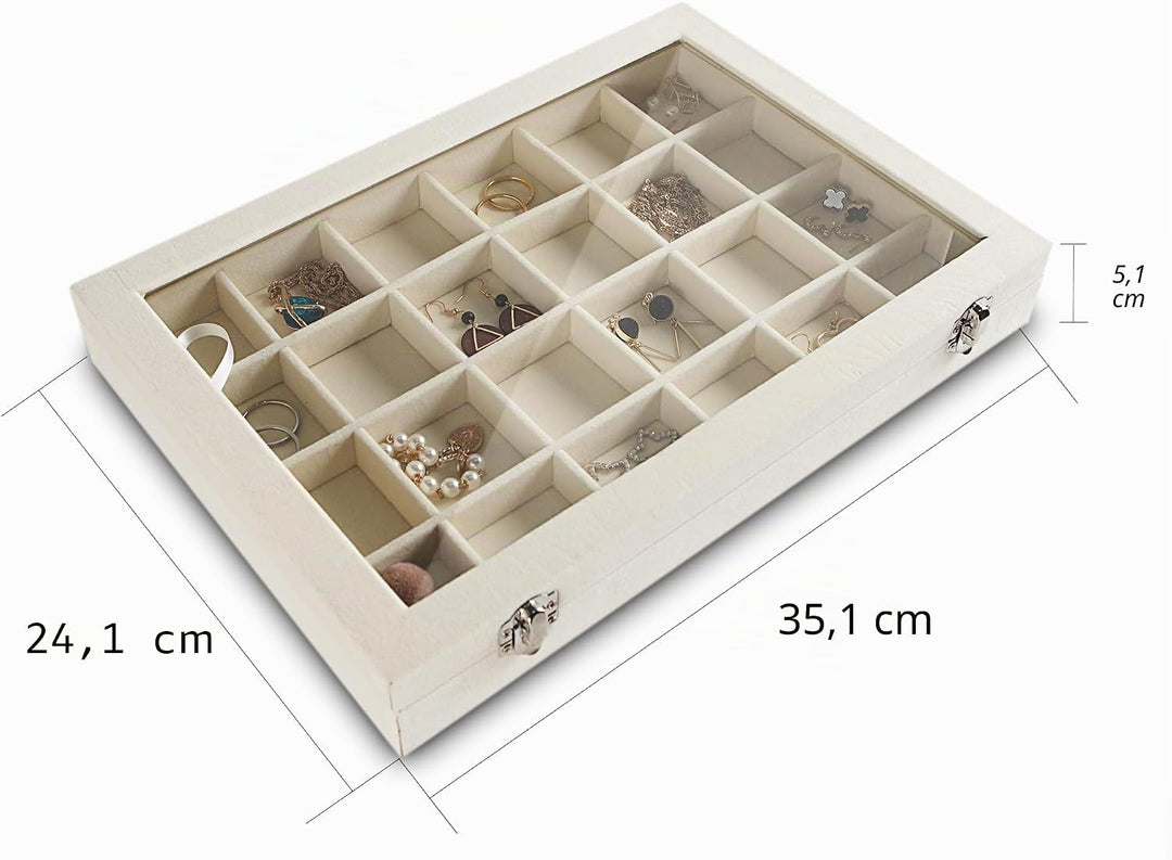 Frebeauty Schmuck Organizer Tablett mit klarem Deckel 24 Gitter Samt Schublade Einsatz Schmuck Aufbe