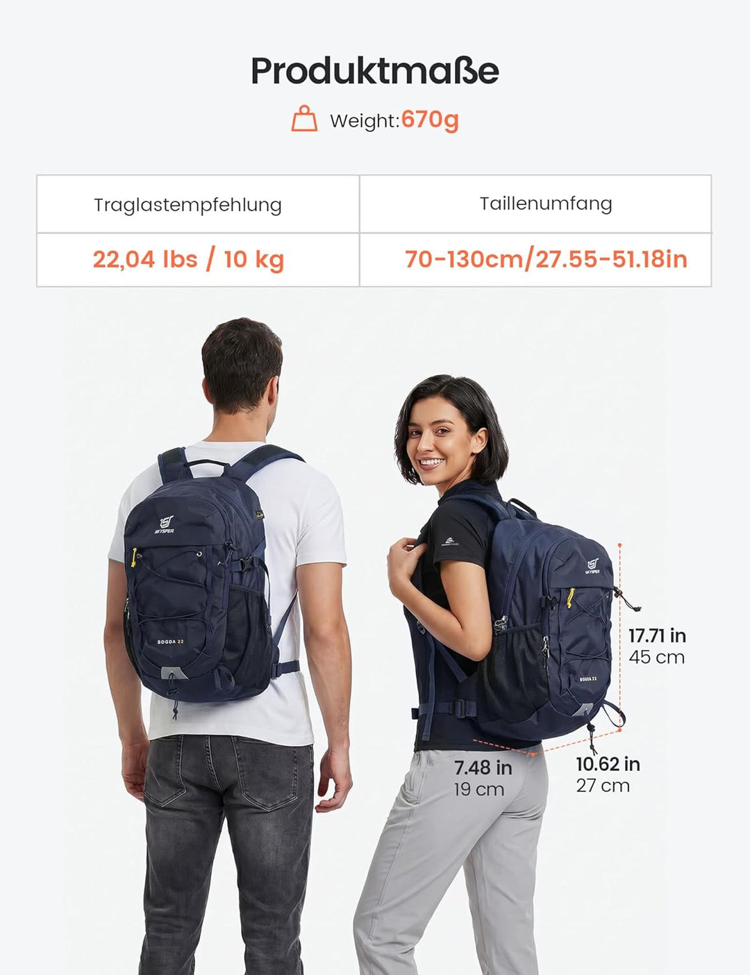 SKYSPER 22L Wanderrucksack Herren Damen Leichter Trekkingrucksack mit Belüftungsrücken Diebstahlsich