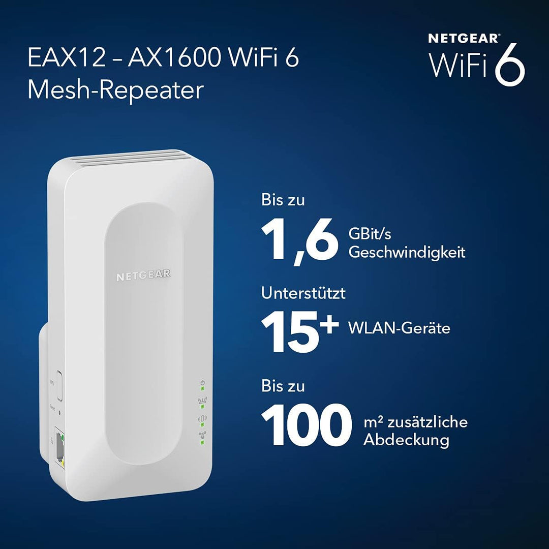 NETGEAR Nighthawk EAX12 WiFi 6 WLAN Mesh Repeater AX1600 WLAN Verstärker, bis zu 100 m² & 15 Geräte,