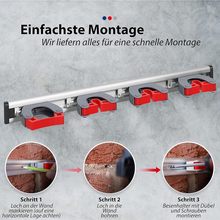 GARLAVIE Gerätehalter mit 4 Haltern und 5 Haken (45cm) I flexible Besenhalterung Wand für mehr Ordnu