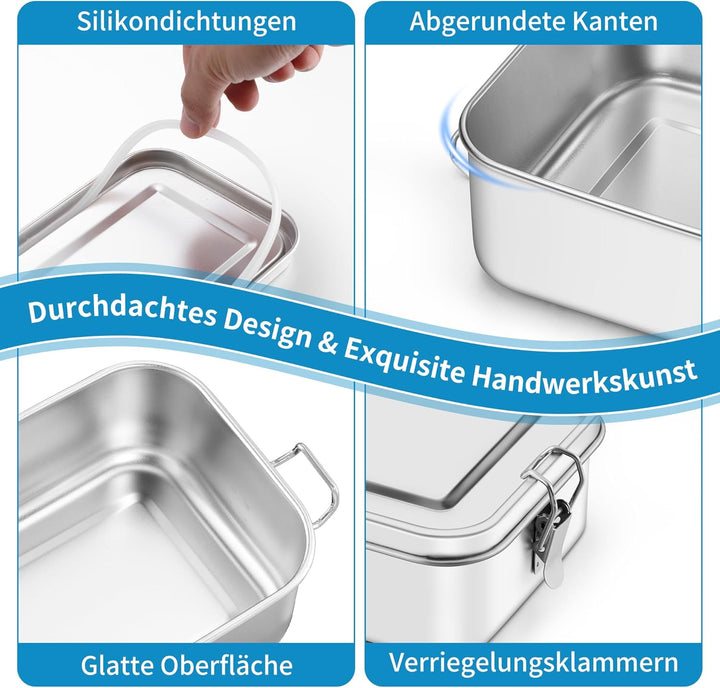 Onader Edelstahl Brotdose mit Fächern 2er Set, 850ml & 1400ml Bento Box Lunchbox mit Abnehmbar Trenn