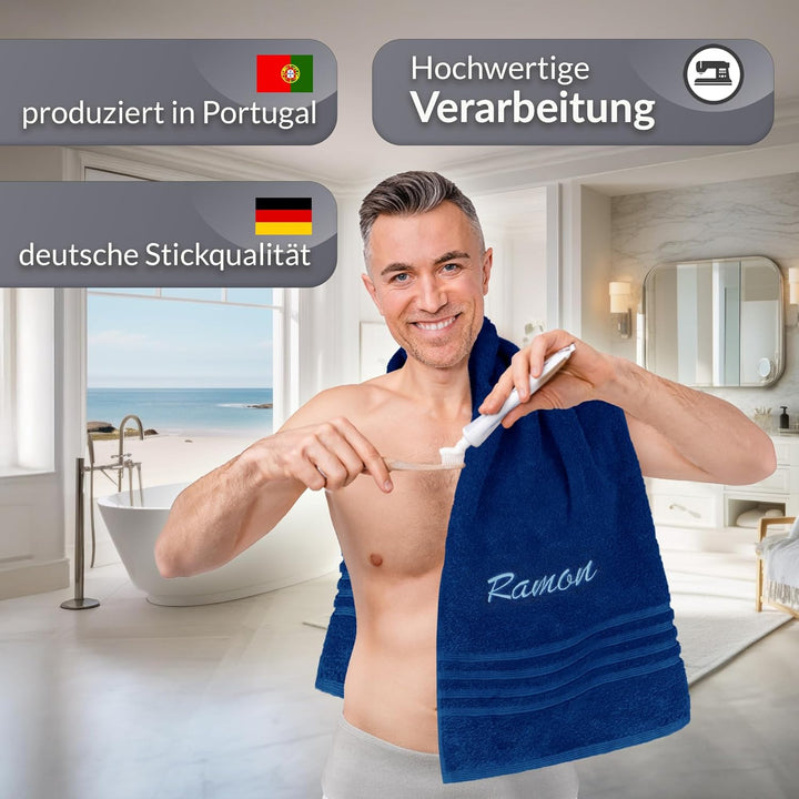 Lashuma Handtuch personalisiert mit Name, Duschtuch 70x140 cm Blau - Marine, Serie: London 70 x 140