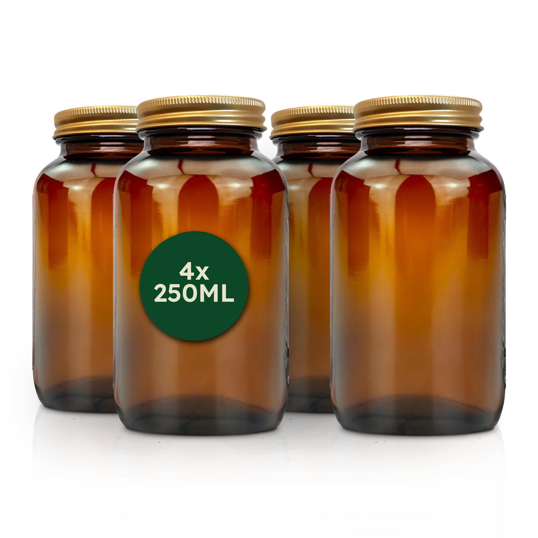 Vorratsdosen Glas Set - 4 x 250 ml/Braungläser mit Gewinde und dicht schliessendem Aludeckel/zur Auf
