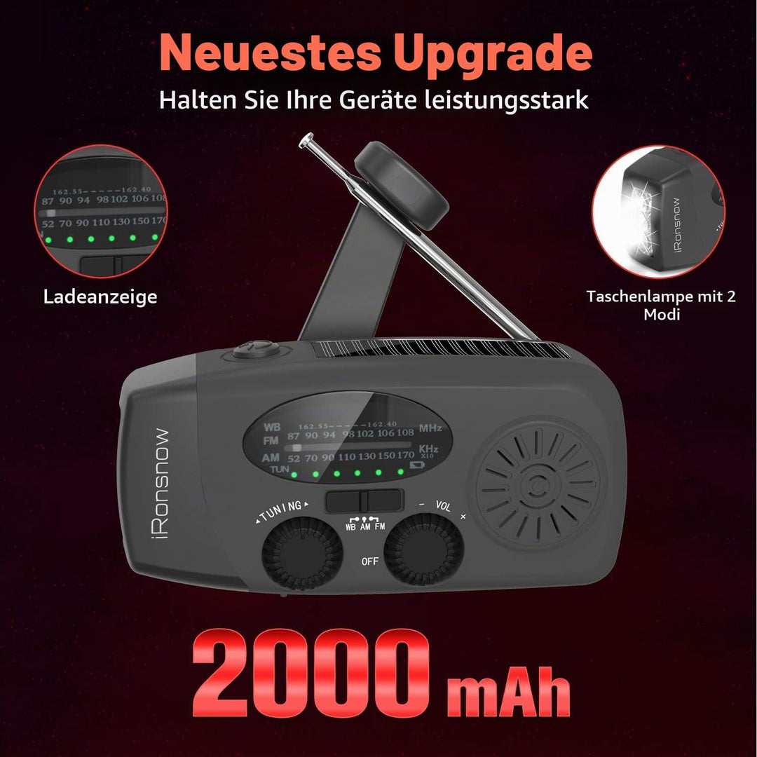 iRonsnow Notfall-Solarradio, Tragbare Kurbelradio mit LED-Taschenlampe, SOS-Alarm, AM/FM/WB Solar Wi