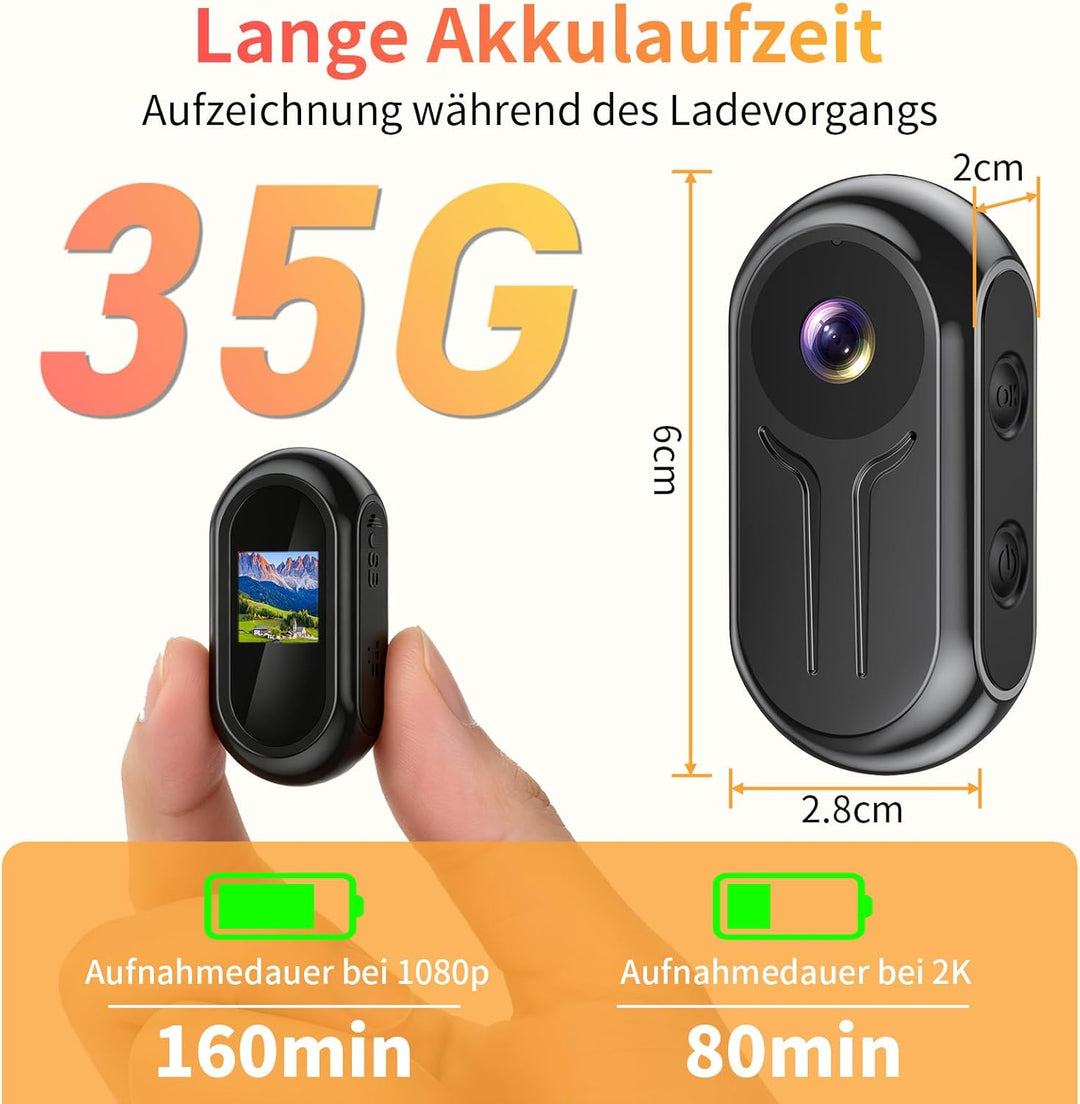 Action Camera 2K, Mini BodyCam Körperkamera 120° Weitwinkel Magnetische mit Display ActionCam für PO