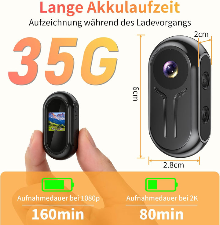 Action Camera 2K, Mini BodyCam Körperkamera 120° Weitwinkel Magnetische mit Display ActionCam für PO