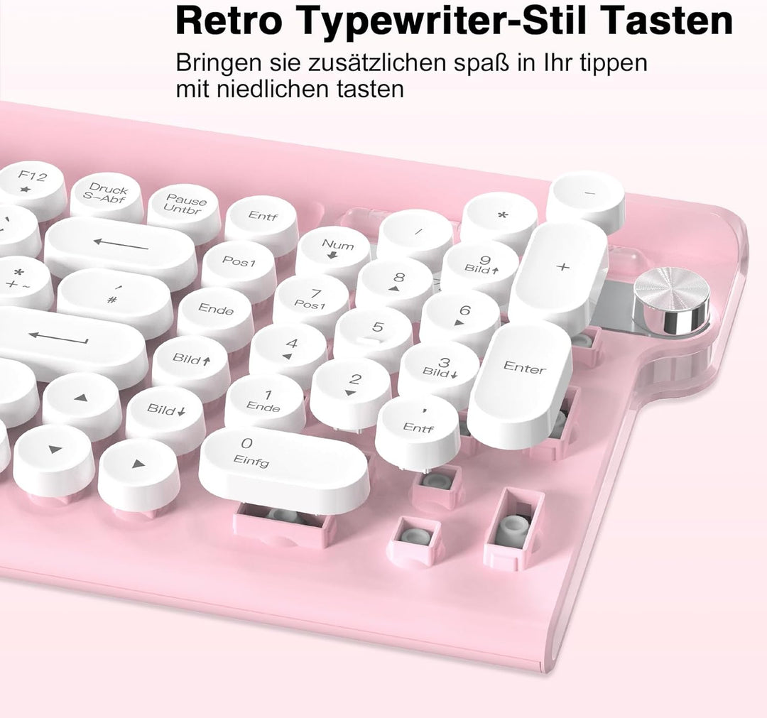 Maus und Tastatur,RaceGT Tastatur Kabellos Schreibmaschine Tastatur Rosa Funktastatur mit Maus Retro