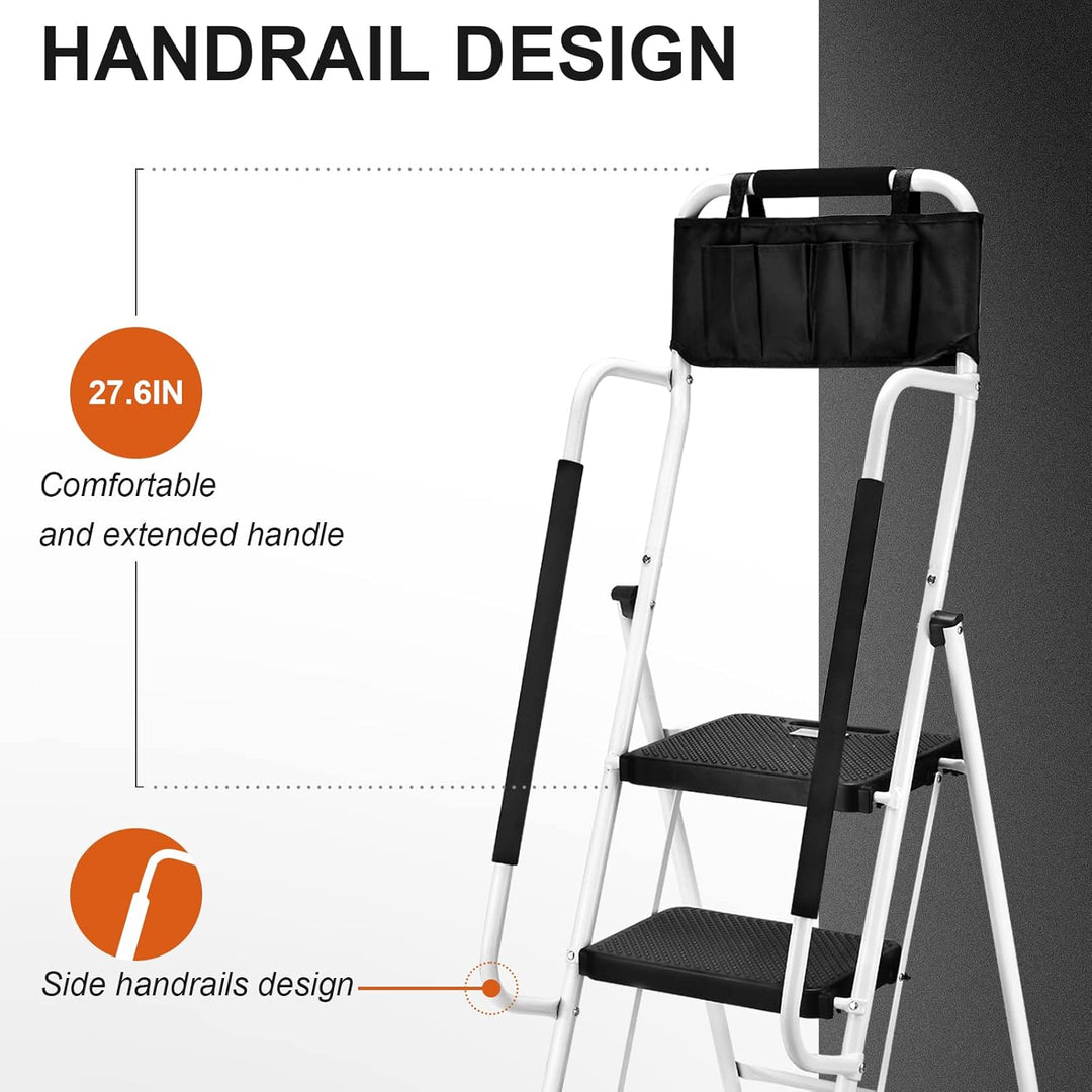 HBTower Leiter 4 Stufen, Trittleiter mit Handläufen, klappbarer Tritthocker mit ansteckbarer Werkzeu