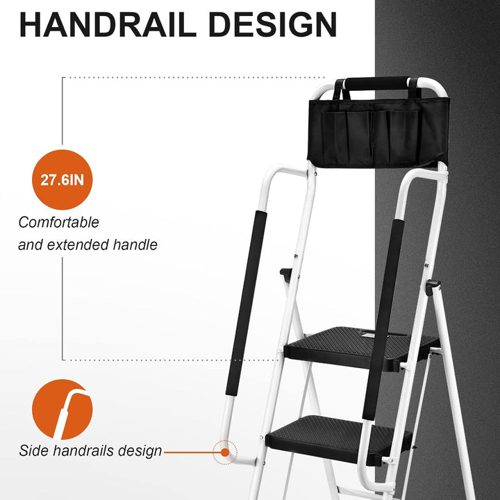HBTower Leiter 4 Stufen, Trittleiter mit Handläufen, klappbarer Tritthocker mit ansteckbarer Werkzeu