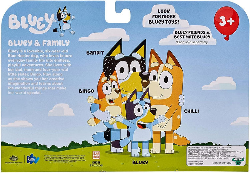 BlueY Family Pack, Set mit 4 beweglichen Figuren, Bingo, Mama Chilli und Papa Bandit, wie im Fernseh