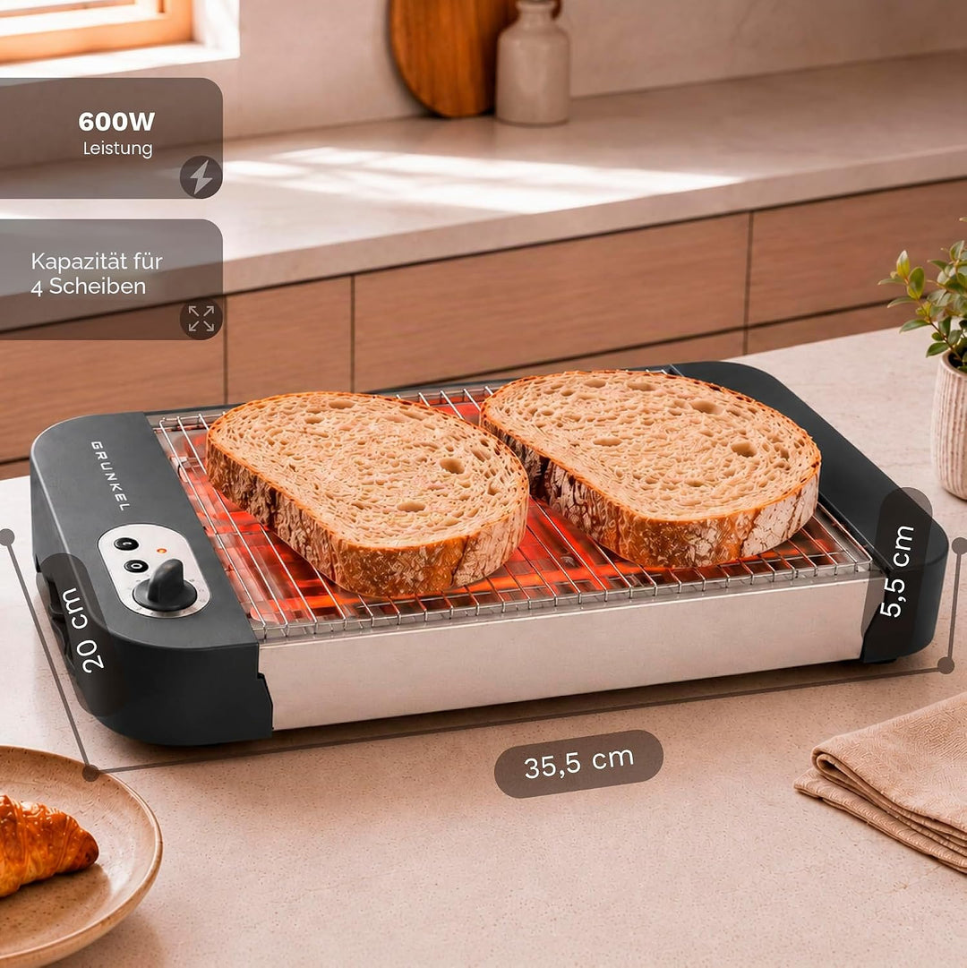 Grunkel - Flat toaster for all types of bread and baked goods with 600 W power, toast timer with 6 l