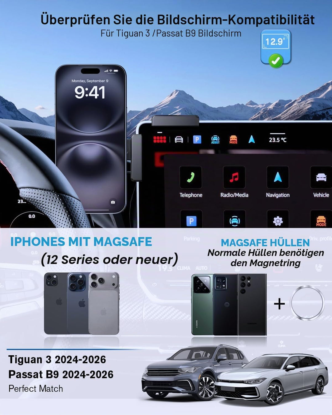 Magnet Handyhalterung für VW Tiguan 3 / Passat B9 2024-2026 12,9-Zoll Display (Magnetisch) mit iPhon