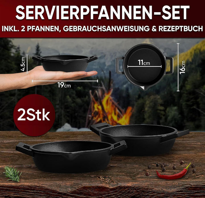 GUSSKÖNIG Gusseisen Grillpfännchen für Grill (2er Set) - Gusseisenpfanne klein Ø 11 cm - 2x kleine P