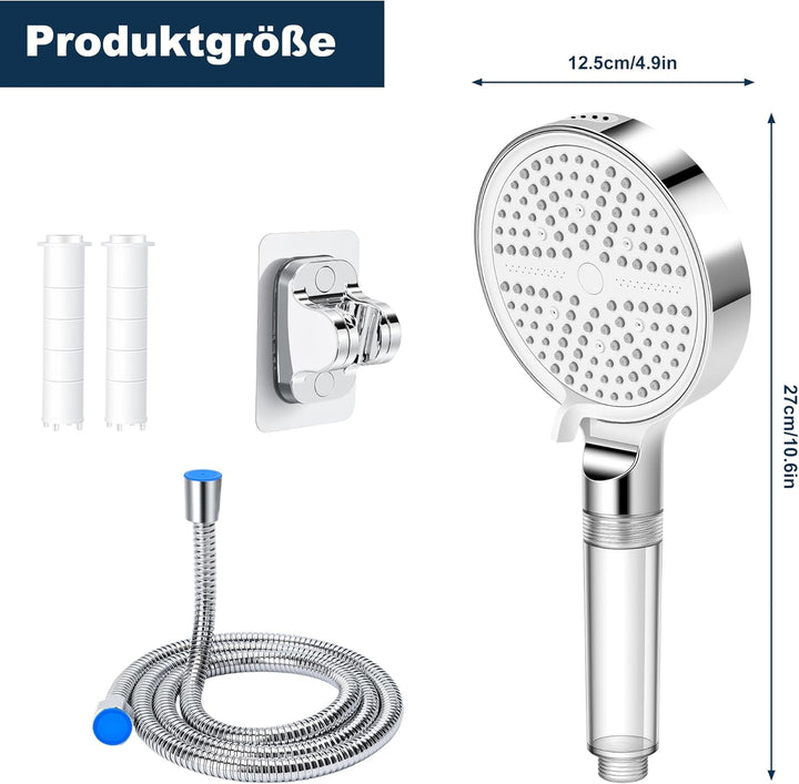 Duschkopf mit Filter, Handbrause mit Schlauch, 6 Strahlarten Duschkopf Wassersparend Hochdruck mit F