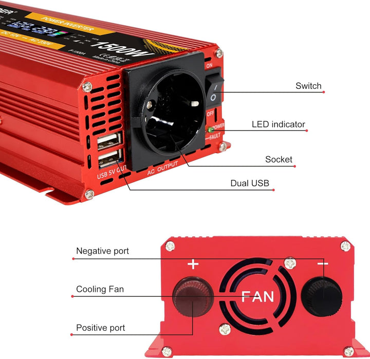 Spannungswandler 750 W/1500 W 12 V 220 V Konverter 12 V 230 V LCD 2 USB Spannungswandler 12 V 220 V,