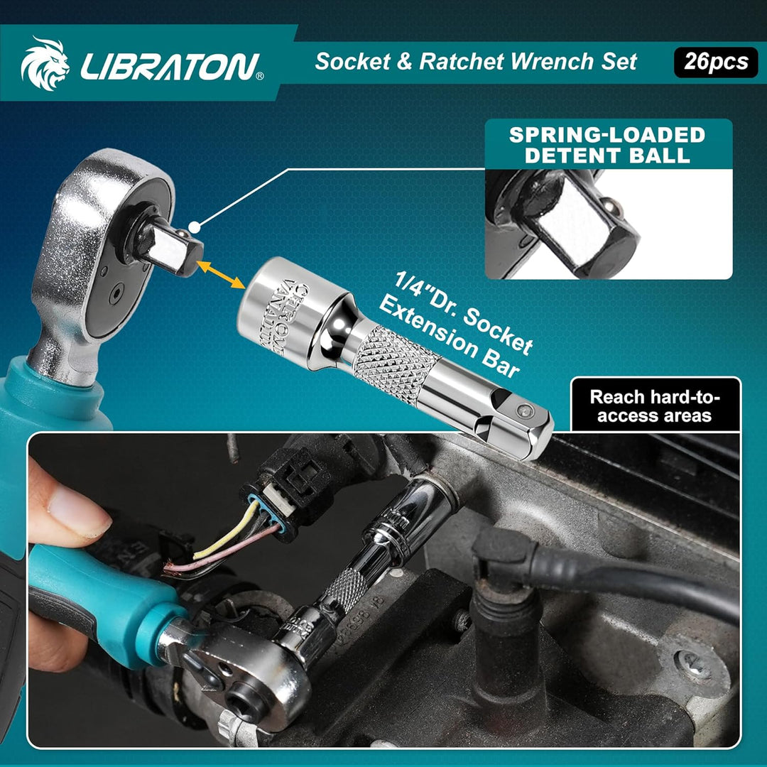 LIBRATON 26-tlg. 1/4 Zoll Ratschenkasten Mini Steckschlüsselsatz mit Bits, 4-14mm Stecknuss, Antrieb