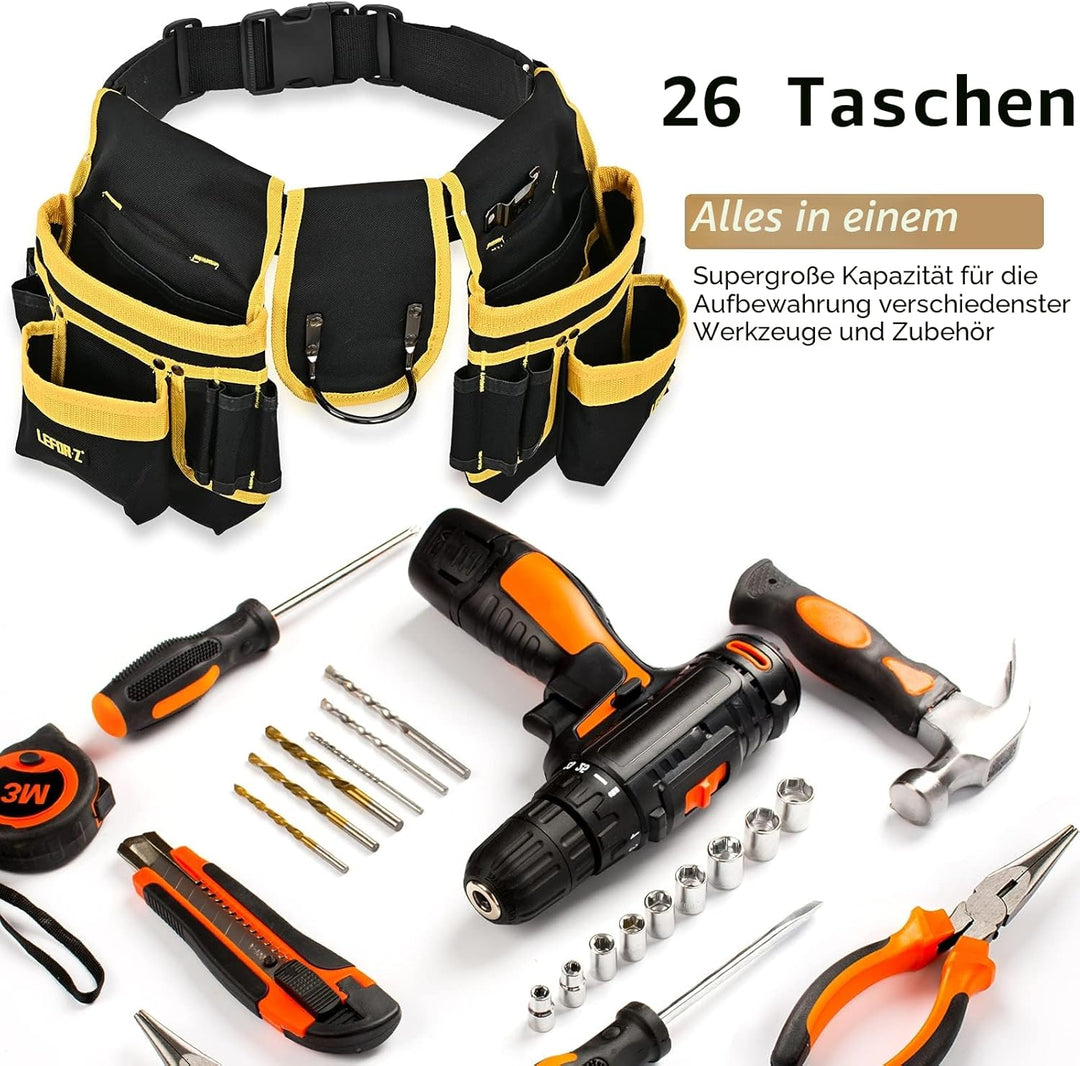 Werkzeuggürtel,Werkzeuggürtel Herren mit 26 Taschen,Robuste Handwerker Gürtel,Verstellbar und Abnehm