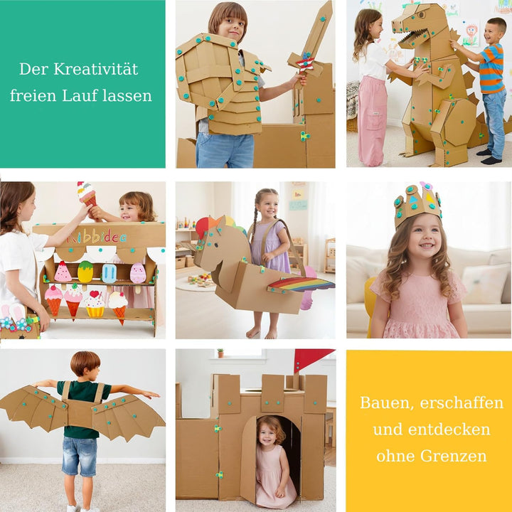 Kibbidea Karton-Baukasten für Kinder (170 Teile), Werkzeugkasten aus recycelter Pappe, Kreatives STE