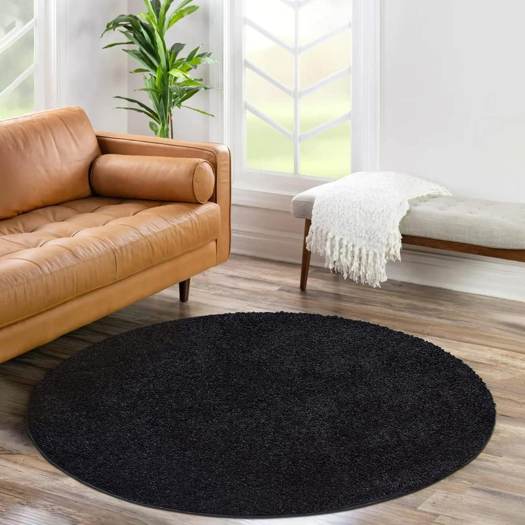 payé Teppich Rund Hochflor Shaggy - 200x200cm - Schwarz Einfarbig Uni Flauschig Modern Boho Wohnzimm