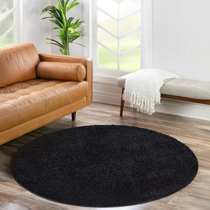 payé Teppich Rund Hochflor Shaggy - 200x200cm - Schwarz Einfarbig Uni Flauschig Modern Boho Wohnzimm