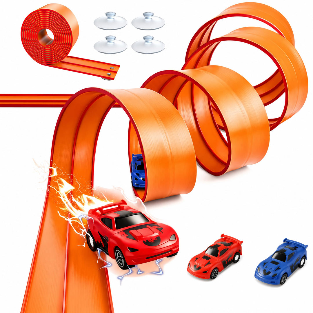 Flexible Autorennbahn Kinder, 4.5M Tragbare Rennbahn Inklusive 2 Autos