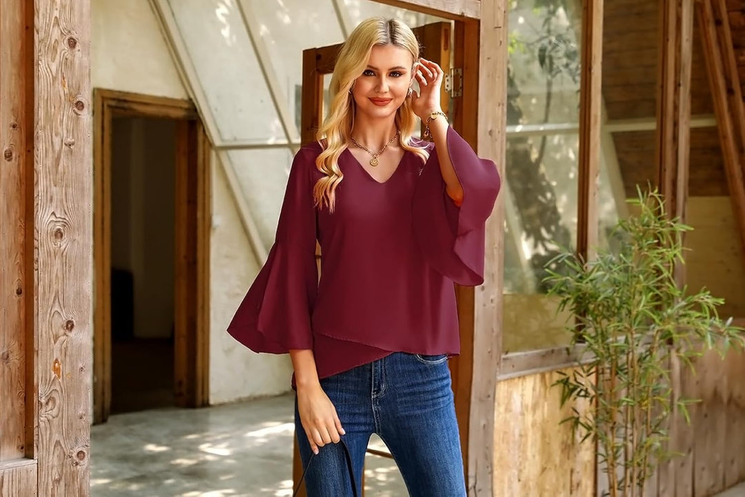Gyabnw Damen Chiffon Bluse Volantärmeln Tunika 3/4 Arm Elegant Chiffontunika Festlich Chiffon Bluse