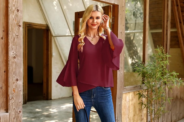 Gyabnw Damen Chiffon Bluse Volantärmeln Tunika 3/4 Arm Elegant Chiffontunika Festlich Chiffon Bluse