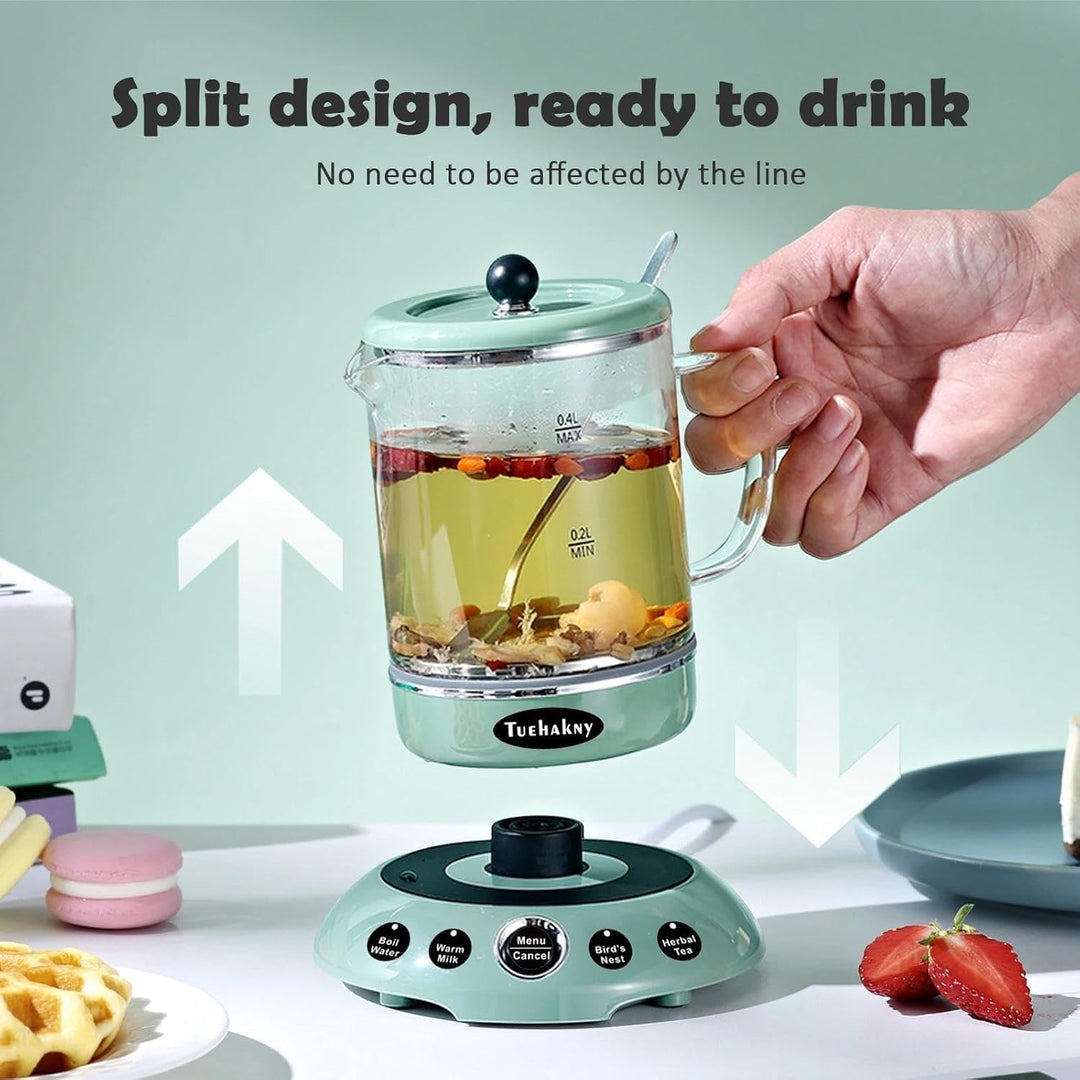 Mini Wasserkocher 400ml Glas - 4-in-1 Multifunktions Tassenwärmer mit abnehmbarer Basis (Heisswasser