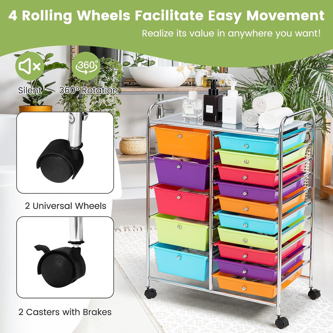 KOMFOTTEU Rollwagen mit 10/15 Schubladen stapelbar, Badrollwagen Rollcontainer mit Metallrahmen, All