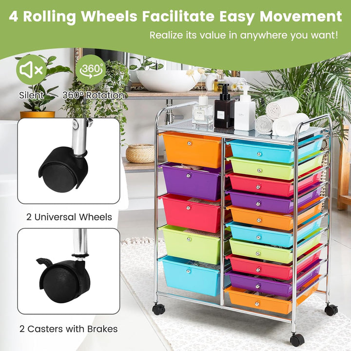 KOMFOTTEU Rollwagen mit 10/15 Schubladen stapelbar, Badrollwagen Rollcontainer mit Metallrahmen, All