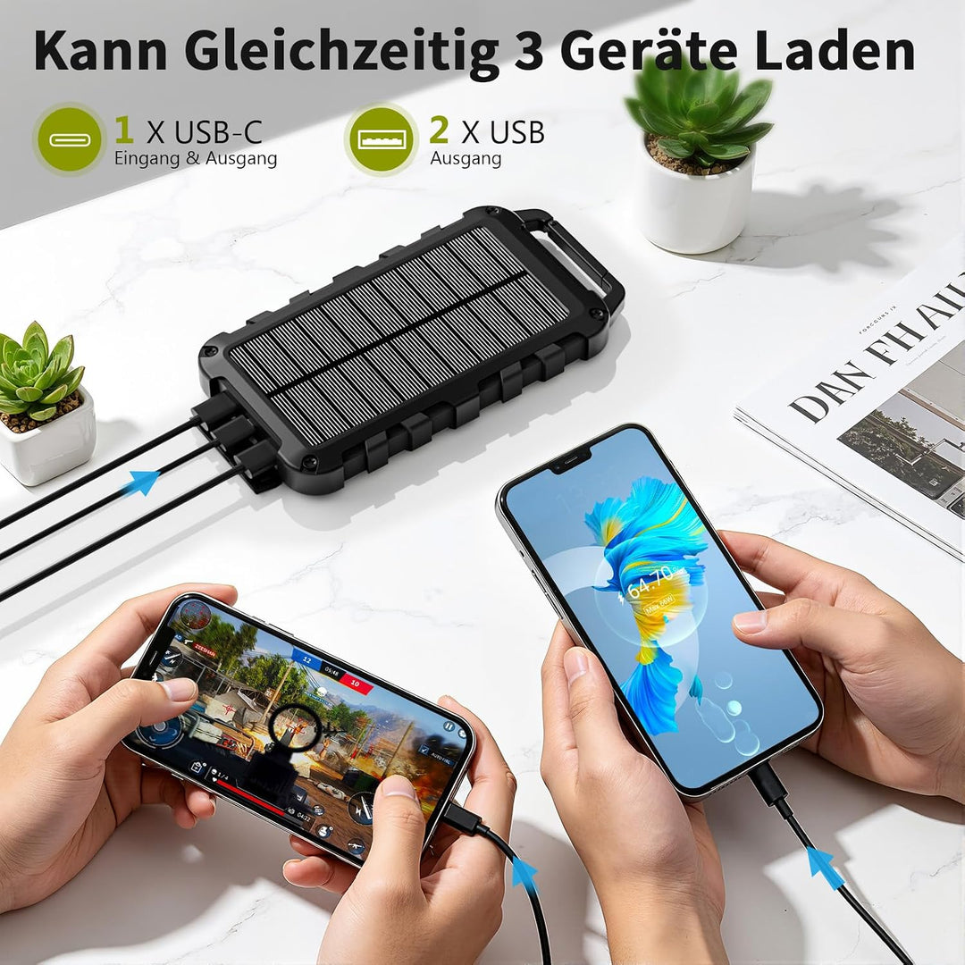 Solar Powerbank 10000mAh PD 22.5W Tragbares Solar Ladegerät USB C Outdoor Wasserdicht Externer Akku