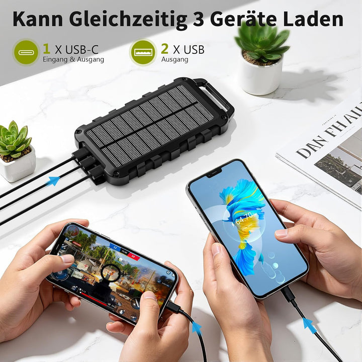 Solar Powerbank 10000mAh PD 22.5W Tragbares Solar Ladegerät USB C Outdoor Wasserdicht Externer Akku
