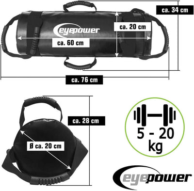 EYEPOWER 20kg Power Bag + 4 Kettlebell Gewichte - Befüllt mit Eisensand - Besser als Geräte: 6 Griff