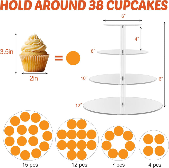 weddingwish 4-stufiger runder Cupcake-Ständer, Acryl-Cupcake-Display-Turm für 38 Cupcakes, klarer Cu