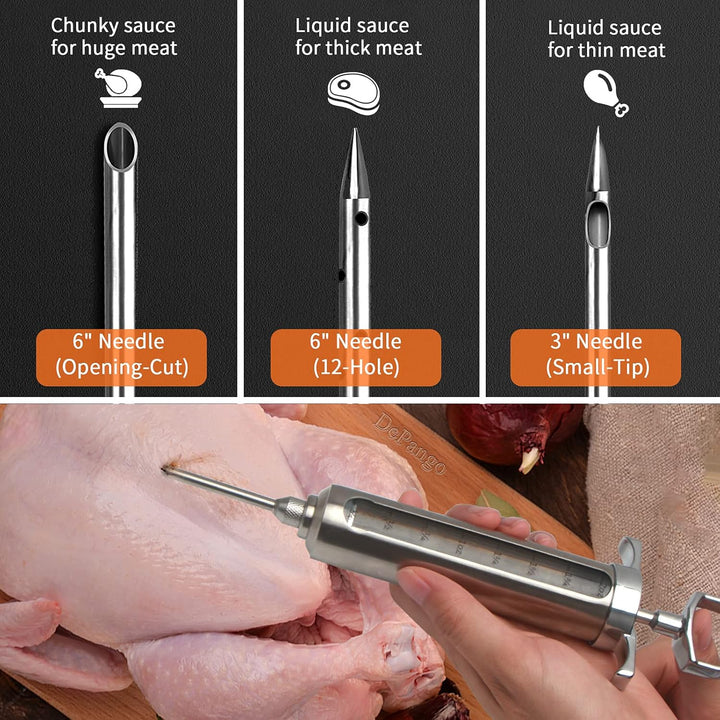 DePango Fleischspritze, Edelstahl Marinadenspritze Kit mit 3 Fleisch Nadeln für BBQ Smoker Grillrauc
