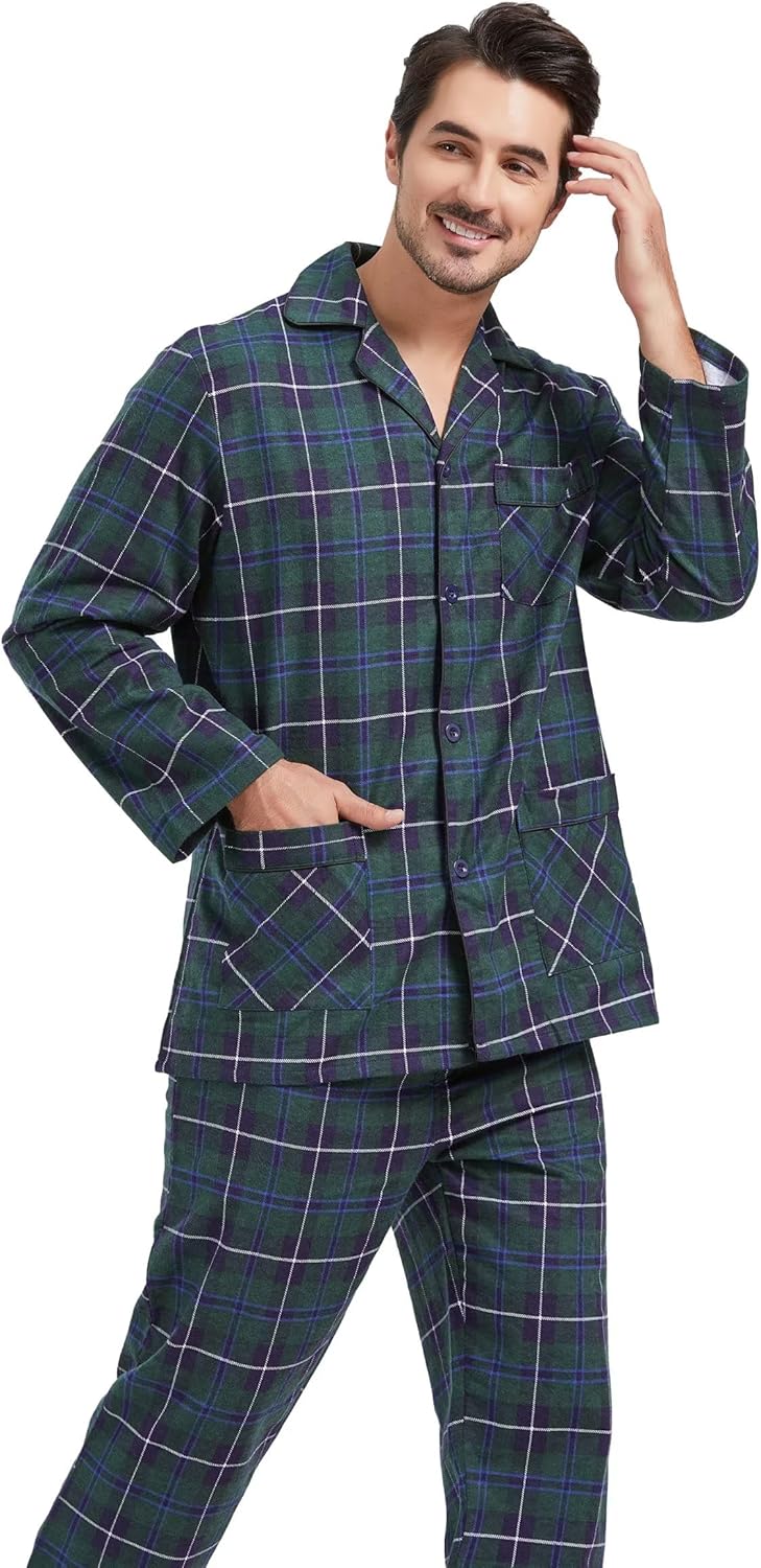 Amaxer Flanell Schlafanzug Herren 100% Baumwolle Pyjama mit Knopfleiste Set Lang Warmer Winter Schla