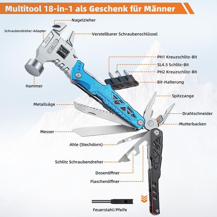 Multitool Rollgabelschlüssel,18 in 1 Geschenke für Männer,Premium Multitool Werkzeug [Titanstahl] Hä