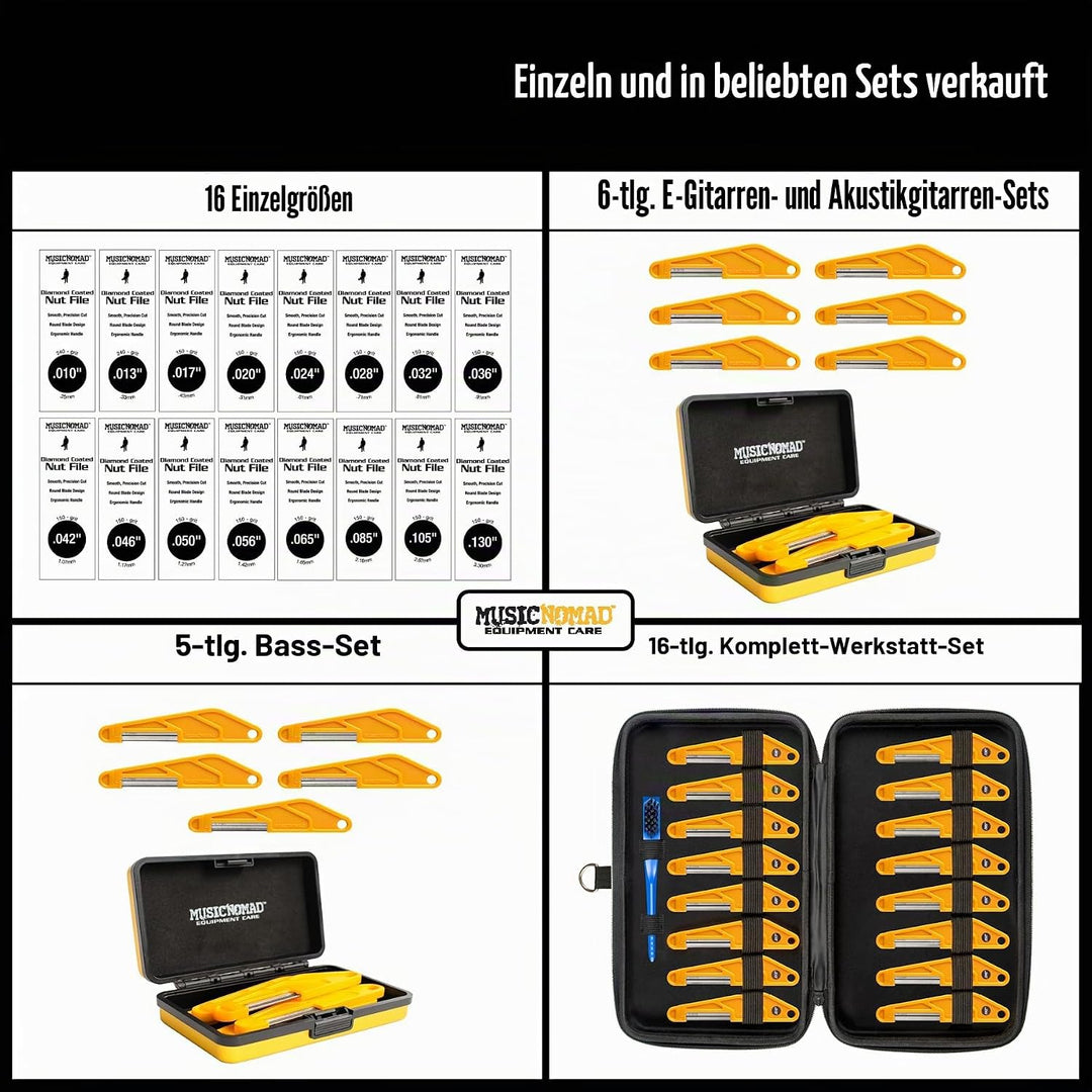 MusicNomad Diamantbeschichtete Mutternfeile Komplett-Set – 16-teilig mit Aufbewahrungsbox und Reinig
