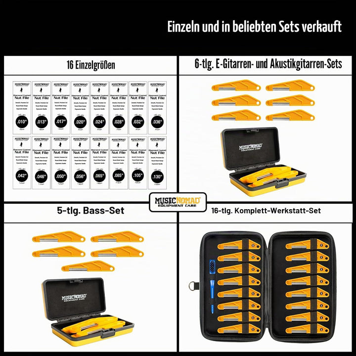 MusicNomad Diamantbeschichtete Mutternfeile Komplett-Set – 16-teilig mit Aufbewahrungsbox und Reinig