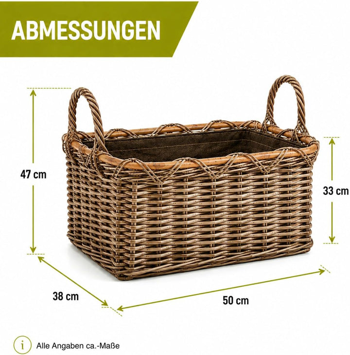 Kobolo Holzkorb Kaminkorb rechteckig Kubu grey - Rattan - Stoff dunkel Kubu Grau Stoff, Kubu Grau St