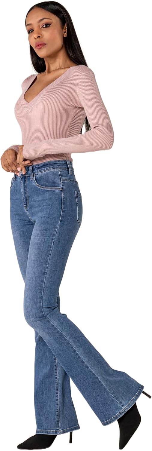 Nina Carter P212 Damen Tall Bootcut Jeans High Waist Schlaghosen Stretchjeans Jeanshosen Used-Look L