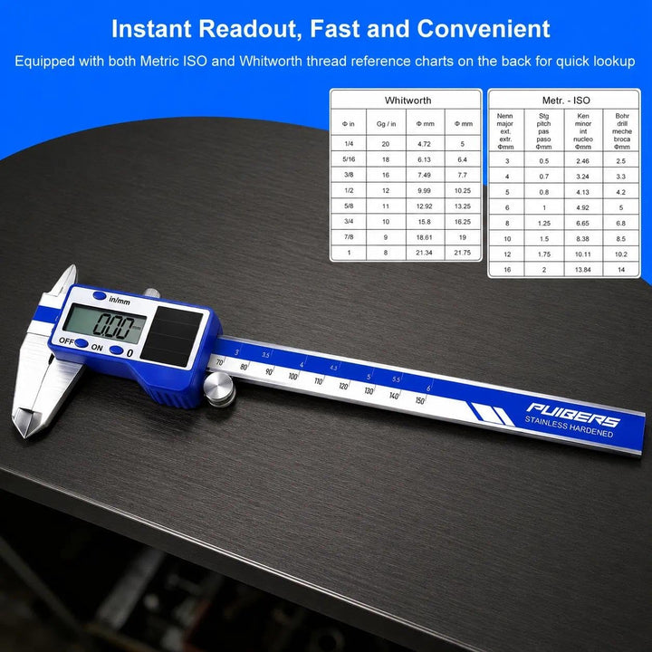 solar-powered electronic vernier calipers, with dual IN/MM scale display, one-second reading, and pr