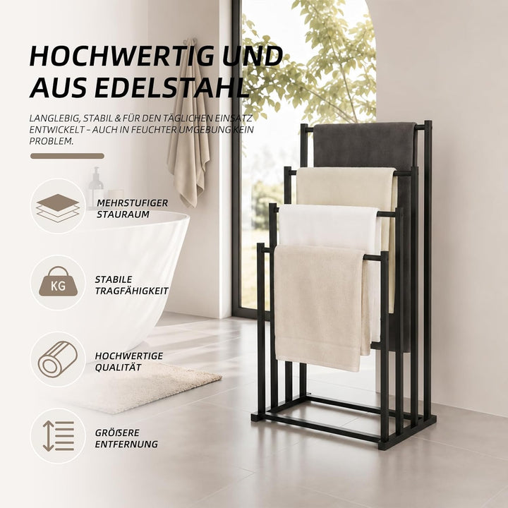Handtuchhalter stehend schwarz – 4 Stufenstangen, Metall | stabil & langlebig. Für Badezimmer, Gäste