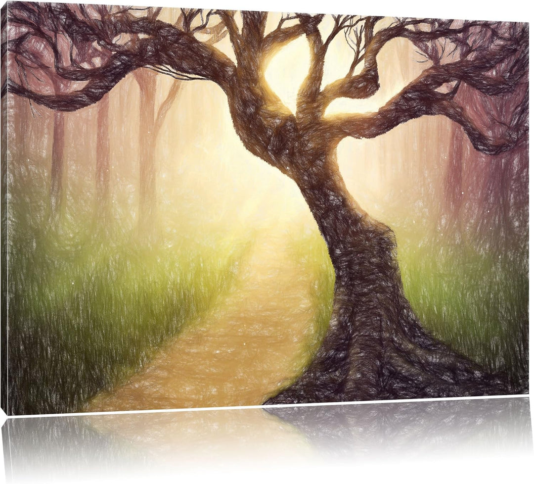 Pixxprint Baum am Waldweg als Leinwandbild/Grösse: 100x70 / Wandbild/Kunstdruck/fertig bespannt, 100