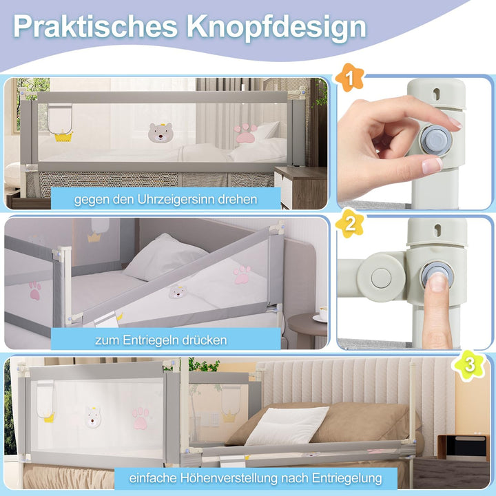 Bettgitter 180cm, Höhenverstellbar 70-98 cm Rausfallschutz Bett für Kinder Mit Muster, Babybettgitte