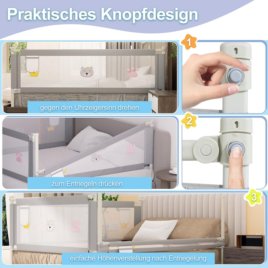 Jopassy Bettgitter 200cm, Höhenverstellbar 70-98 cm, Babybettgitter für Kleinkinder, Rausfallschutz