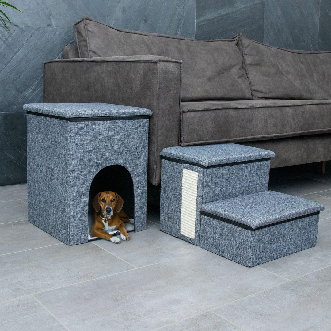 Intirilife Faltbare Hundetreppe mit 3 Stufen in Grau -72x32,5x43 cm- Haustiertreppe mit Stauraum -Ka