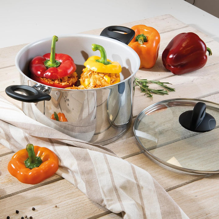 Genius Cerafit Steel Kochgeschirr-Set 3-tlg, 24 cm Kochtopf Induktion mit Glasdeckel + Stielkasserol